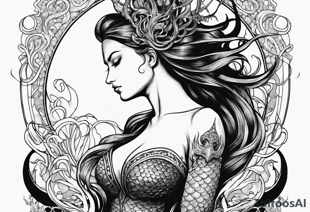 Big Side profile mermaid with trident & horns, crown looking at evil seahorse face to face. Tattoos on skin and scales showing, octopus tentacles wrapped around. Half arm tattoo tattoo idea