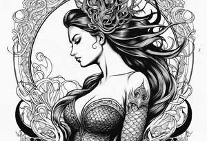 Big Side profile mermaid with trident & horns, crown looking at evil seahorse face to face. Tattoos on skin and scales showing, octopus tentacles wrapped around. Half arm tattoo tattoo idea