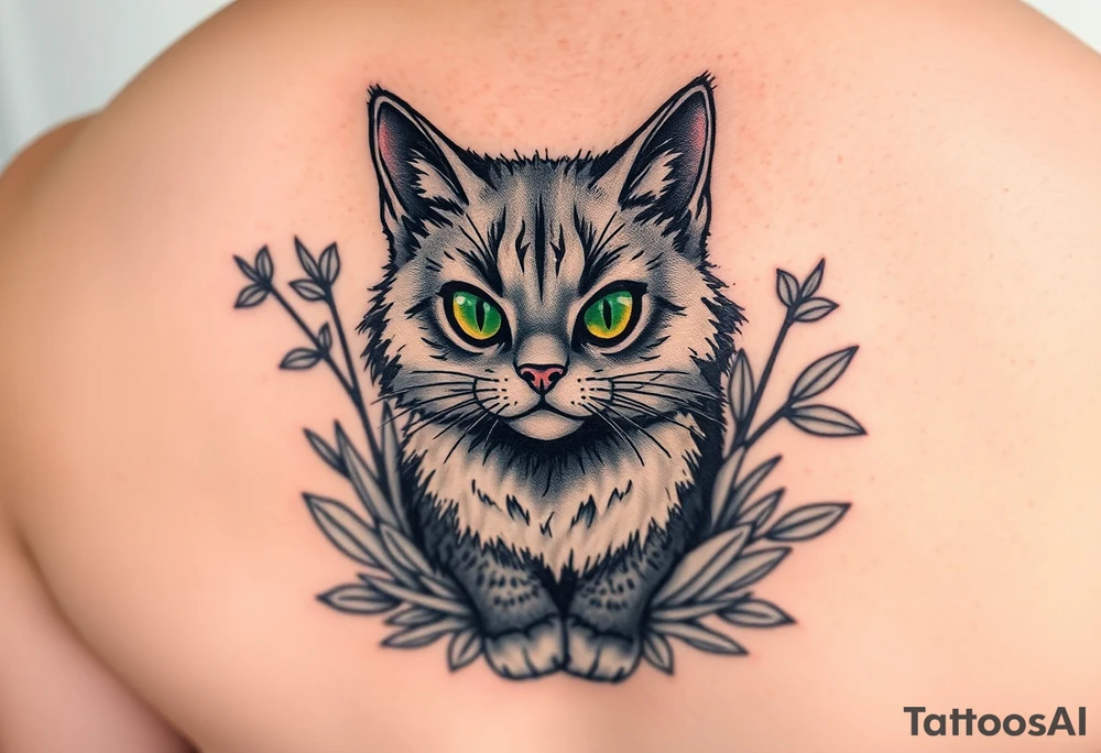 6x6 cartoon style tattoo for back of thigh of along haired grey cat with green eyes surrounded by house plants tattoo idea