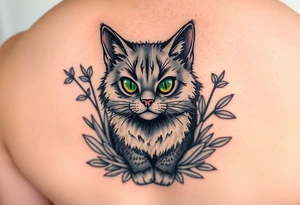 6x6 cartoon style tattoo for back of thigh of along haired grey cat with green eyes surrounded by house plants tattoo idea