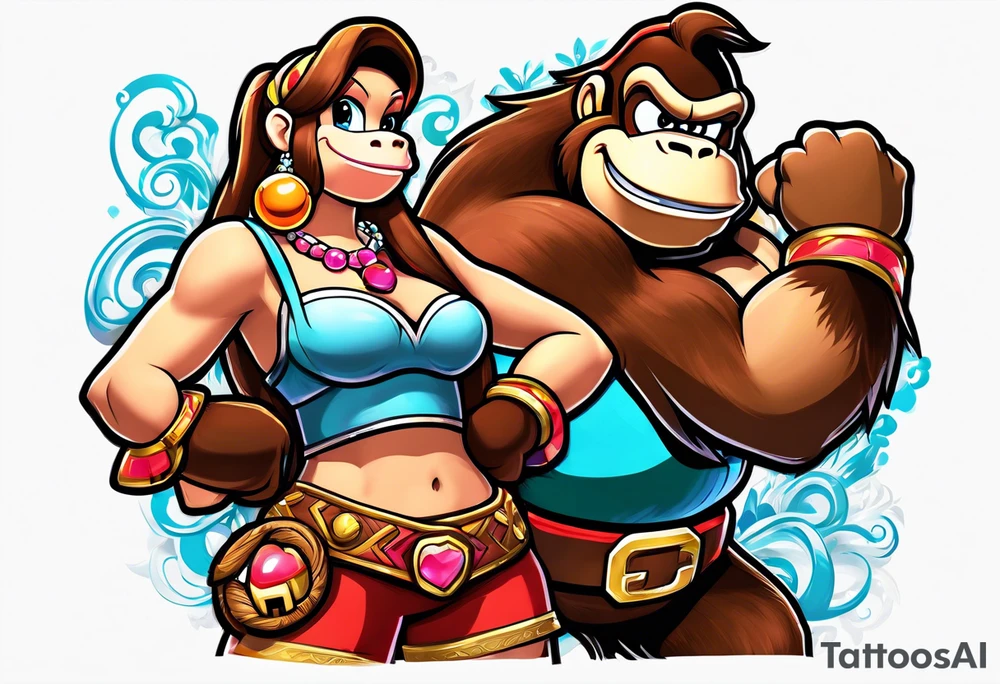 Donkey Kong flexing and holding up sexy Princess PeCh tattoo idea