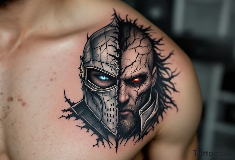 A warrior with a split face—one half is a noble knight, adorned with silver armor, a blue eye shining with determination, and the other half is a cursed warrior, clad in dark, cracked armor, with a crimson eye glowing with rage. The division between them is jagged but seamless, showing that both forces exist within one soul. tattoo idea