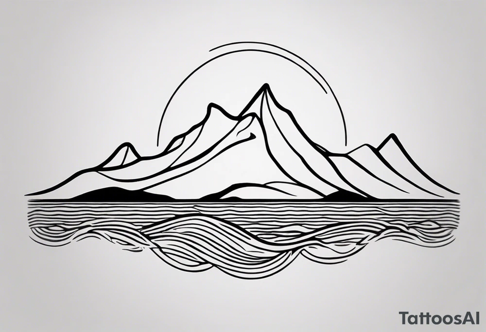 The tattoo starts at the wrist with a simple, clean line that represents the shoreline. Above this line, there are serene, rolling waves depicted in a minimalistic style—smooth curves that capture the essence of the ocean.

Moving upward, the waves gradually transition into a set of geometric mountains. These mountains are outlined with clean, straight lines, creating a sharp yet simple silhouette against the canvas of your forearm. The peaks of the mountains form a subtle V shape, symbolizing strength and resilience.

Above the mountains, a small, circular sun completes the design. The sun is composed of bold, yet uncomplicated lines, radiating simplicity and warmth. The circular shape of the sun adds balance to the overall composition, creating a harmonious blend with the waves and mountains. tattoo idea