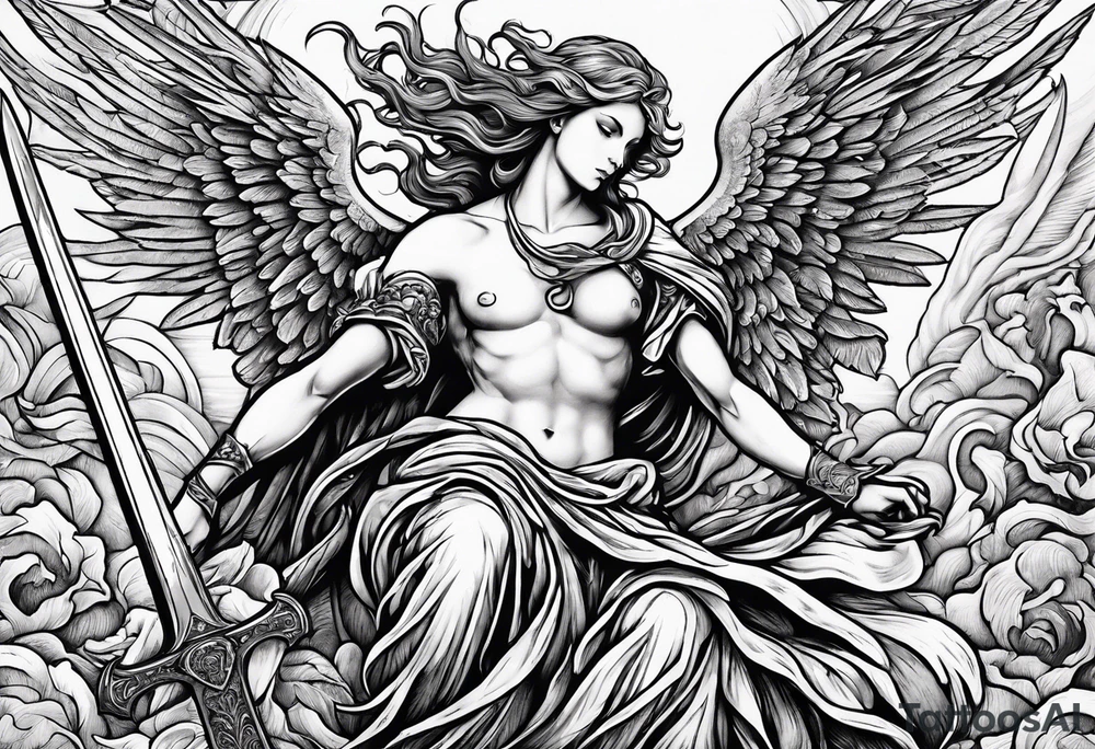 Angel with long sword on a pile of dead demons in etchwork style tattoo idea