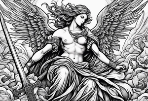Angel with long sword on a pile of dead demons in etchwork style tattoo idea