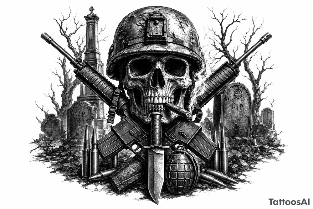 Graveyard scene with skull in helmet, cigar, crossed rifles, knife, grenade, cartridges, dark fantasy. tattoo idea