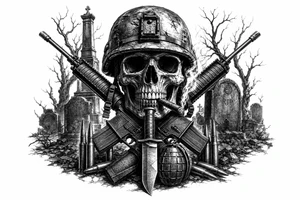 Graveyard scene with skull in helmet, cigar, crossed rifles, knife, grenade, cartridges, dark fantasy. tattoo idea