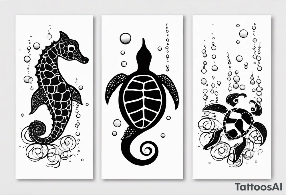Small Starfish, Seahorse and turtle in a vertical line with bubbles tattoo idea Small Starfish, Seahorse and turtle in a vertical line with bubbles tattoo idea