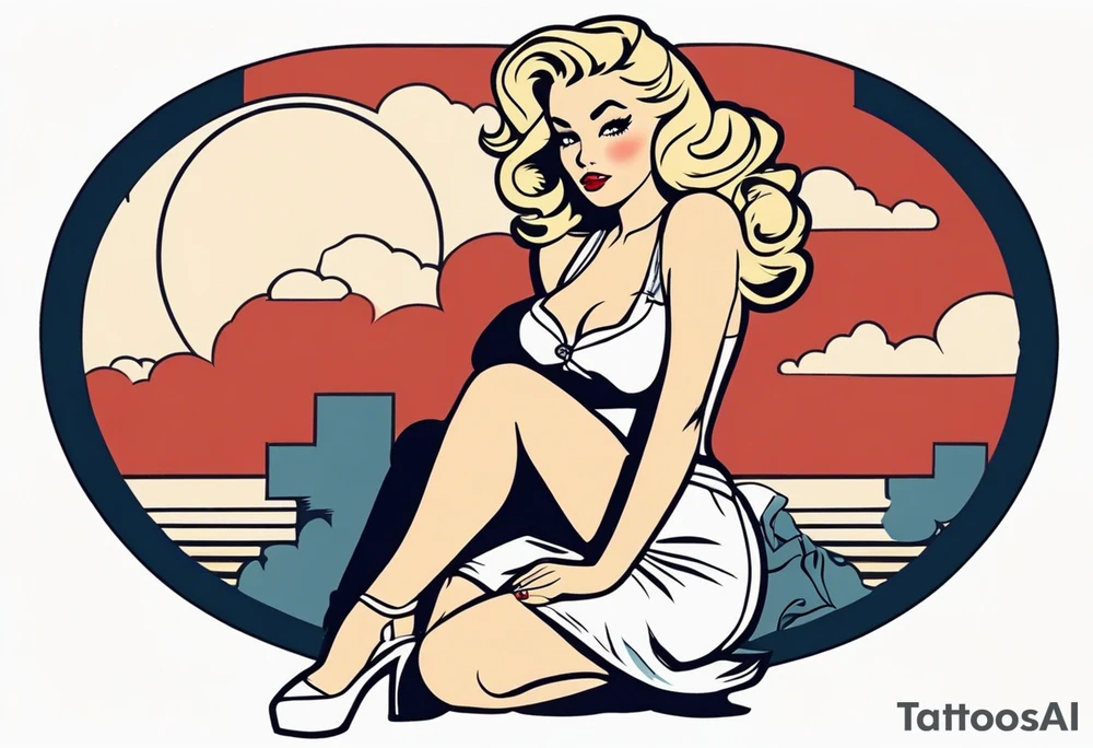 American Traditional pinup girl sitting with blonde hair tattoo idea