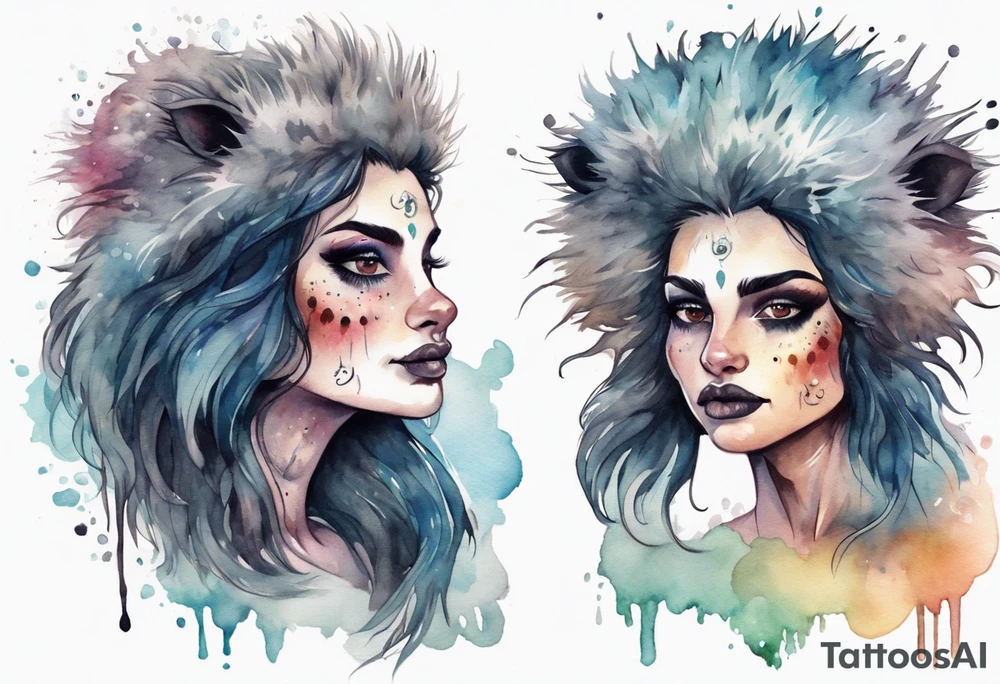a giant mole woman with large dark eyes white glowing fur and messy of dark hair on its head tattoo idea