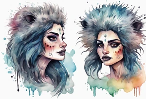a giant mole woman with large dark eyes white glowing fur and messy of dark hair on its head tattoo idea