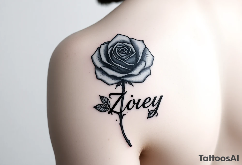 Arm tattoo with a rose and the name Zoey in cursive for the stem tattoo idea