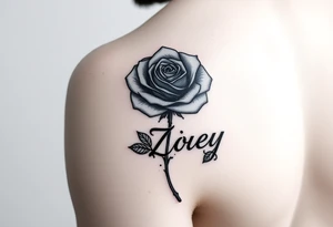 Arm tattoo with a rose and the name Zoey in cursive for the stem tattoo idea