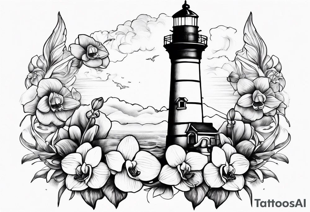 Lighthouse with an anchor and orchids tattoo idea