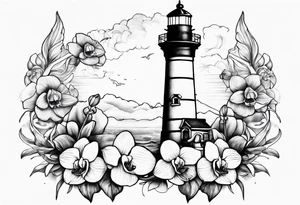 Lighthouse with an anchor and orchids tattoo idea