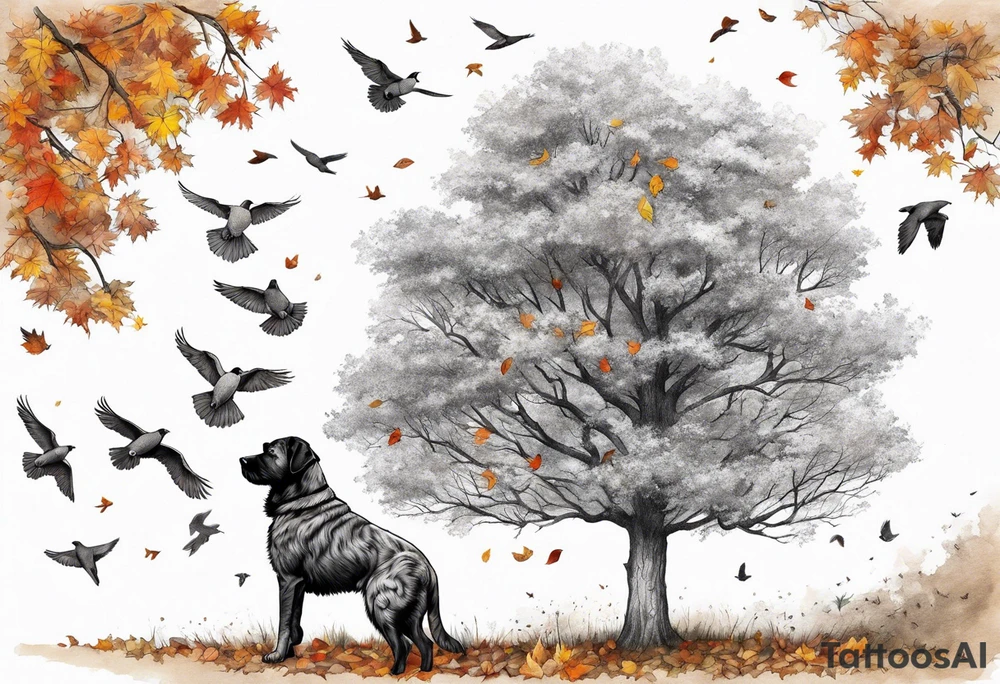 Autumn tree with medium grey brindle dog sitting to the right looking up at it and birds flying out the top of it tattoo idea