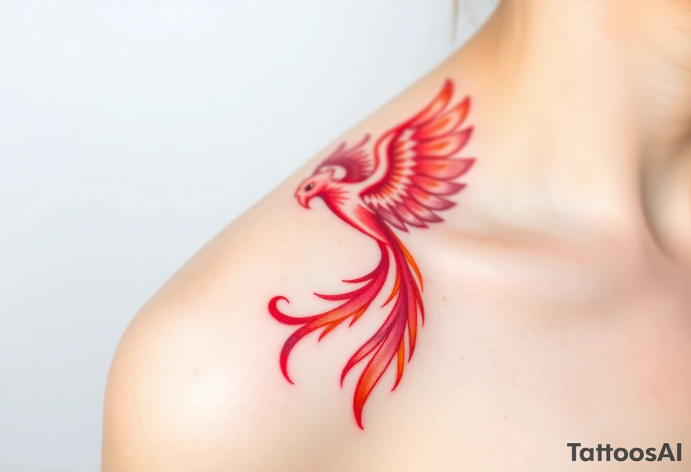 Square, phoenix rising from fire with both wings opened, colors red, pink, orange and purple. tattoo idea