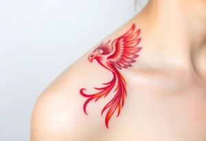Square, phoenix rising from fire with both wings opened, colors red, pink, orange and purple. tattoo idea