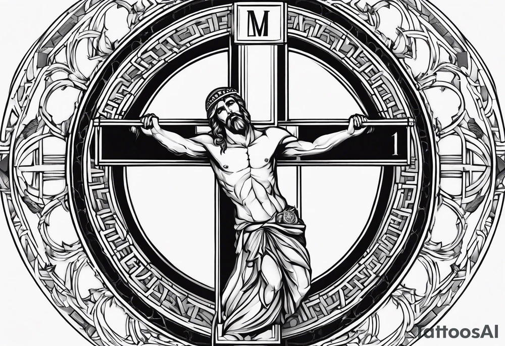 Circle made with Roman numerals, with a crucified man inside the circle tattoo idea