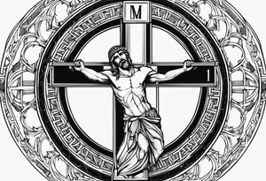 Circle made with Roman numerals, with a crucified man inside the circle tattoo idea