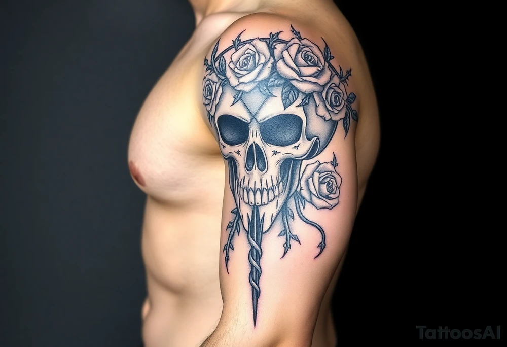 ornate skull adorned with crown of wild roses and thorns tattoo idea