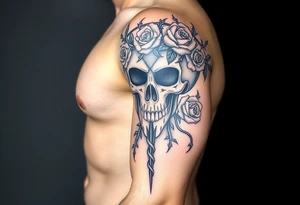 ornate skull adorned with crown of wild roses and thorns tattoo idea