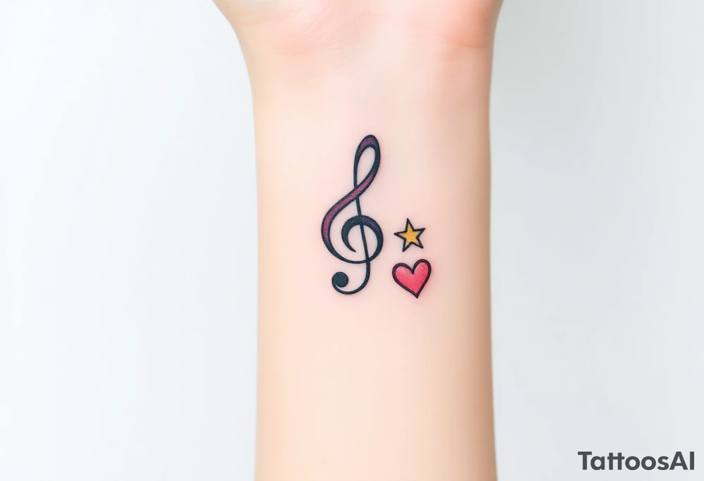 A swirl containing the Treble clef, book, dog paw, star, heart tattoo idea