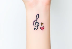 A swirl containing the Treble clef, book, dog paw, star, heart tattoo idea