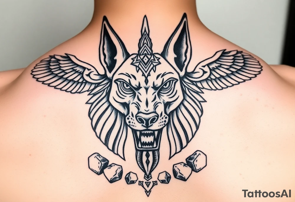 Egyptian Anubis god powerful face muscle in Egypt style dog face surrounded Egyptian symbols based on stones tattoo idea