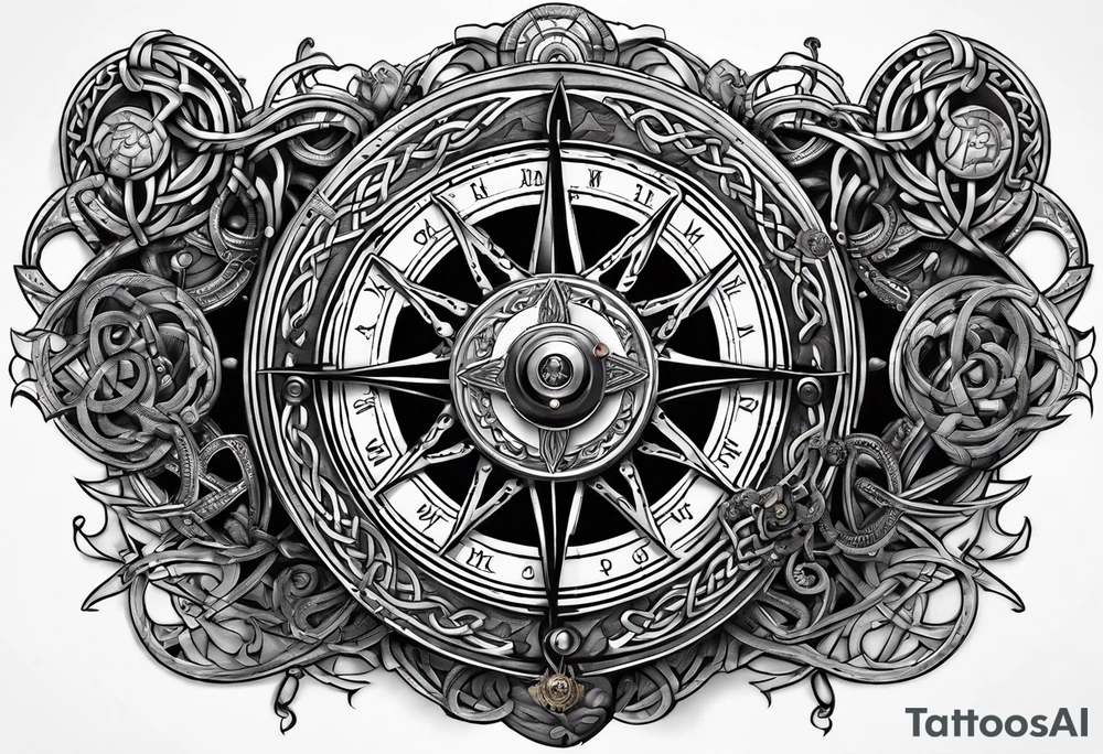 Traditional Celtic styled knot work combined with a steampunk biomechanical sleeve design and has a pirate compass in it tattoo idea
