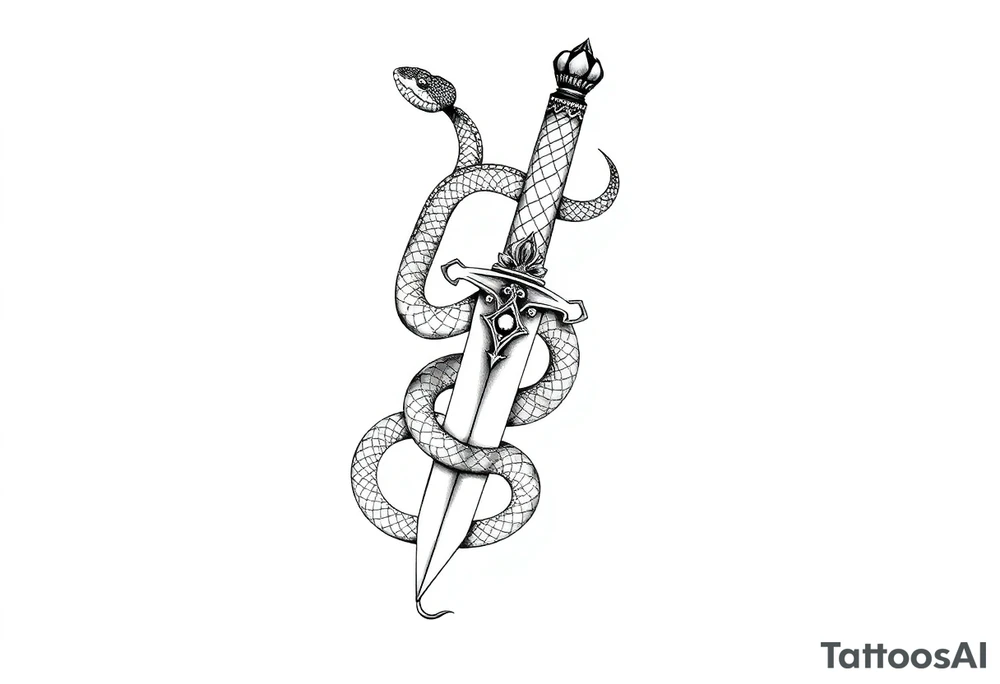 mystical snake coiled around an ancient dagger with jeweled hilt tattoo idea