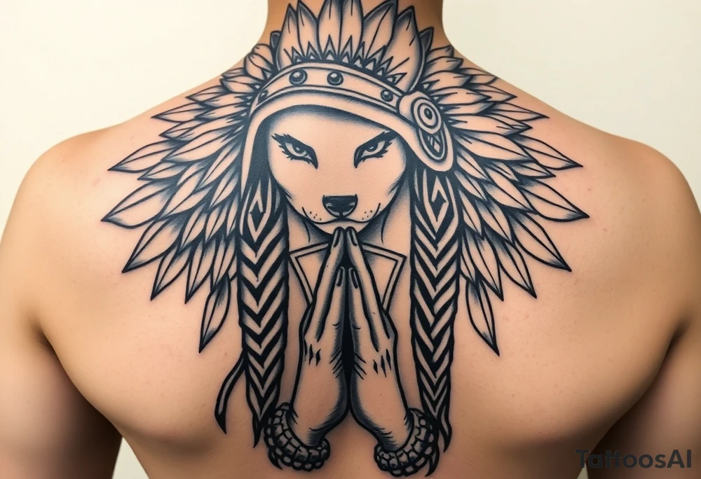 Female indian with wolf headress praying hands 100dollar bills tattoo idea