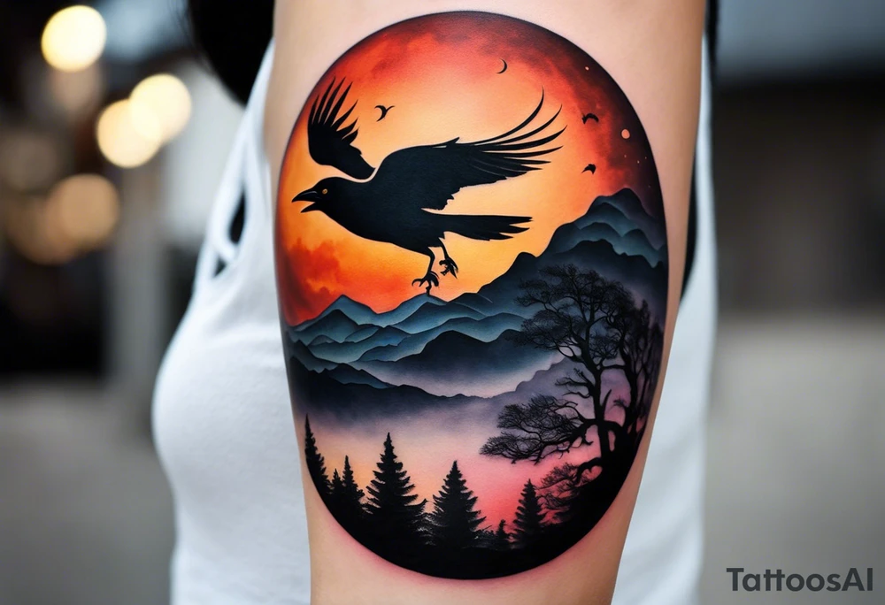 Let your imagination run wild with a visually descriptive ying-yang tattoo on your forearm, where one side captures the beauty of the night sky with a full moon, and the other side showcases the warm hues of a sunset. The moon side features a stunning depiction of a crow in flight, adding a touch of magic and wonder to the design. On the sunset side, the silhouettes of a man, woman, and two teenage boys walking create a sense of togetherness and family. Around the circle the words "When Life is hard, you have to change" are written in child's writing tattoo idea