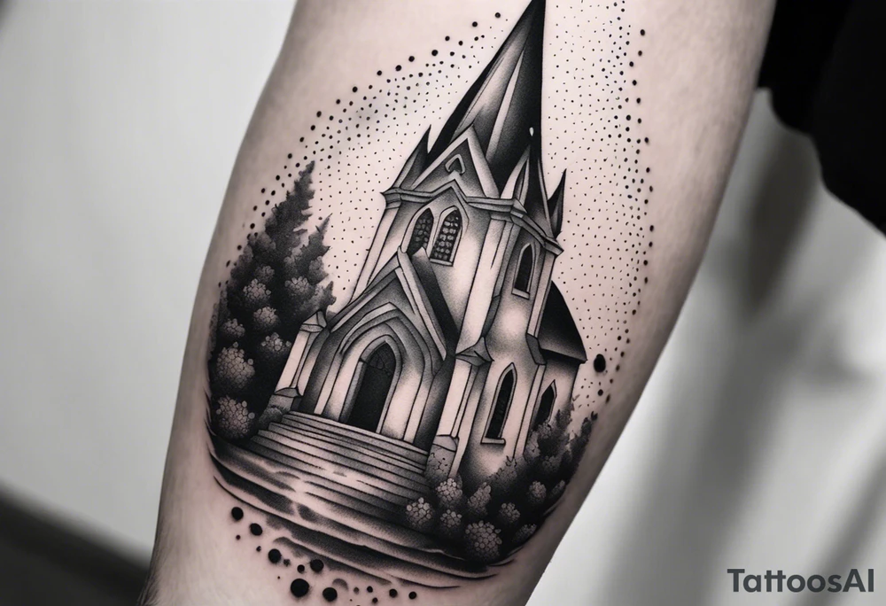church with flames tattoo idea