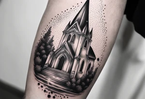 church with flames tattoo idea