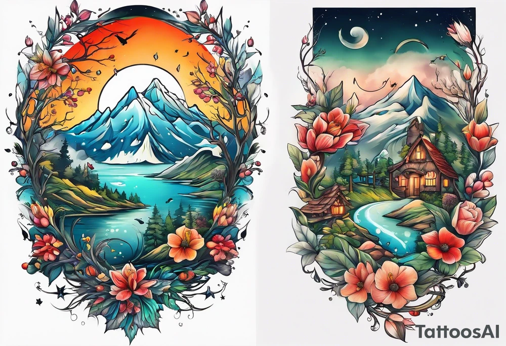 Full sleeve nature with birth months April and December tattoo idea