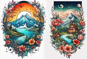 Full sleeve nature with birth months April and December tattoo idea