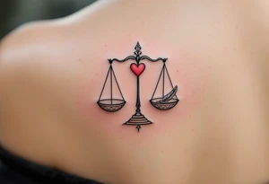 A pair of delicate scales balancing a heart and a feather, in elegant black and silver shading, symbolizing karmic justice. tattoo idea