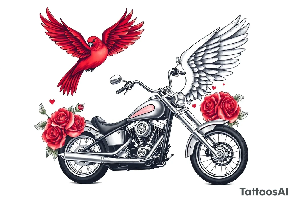 Harley grey motorcycle driving away, two red birds flying, roses, flames, angel wings tattoo idea