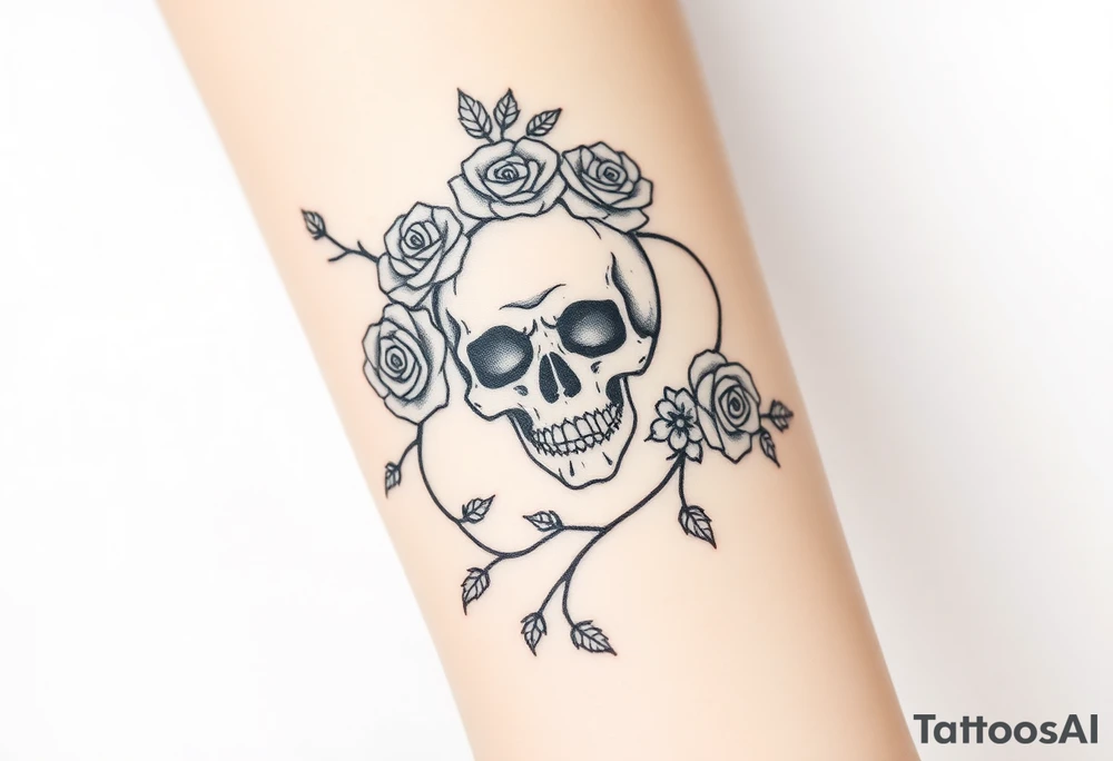 gothic skull intertwined with climbing roses and thorny vines tattoo idea