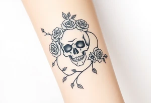 gothic skull intertwined with climbing roses and thorny vines tattoo idea
