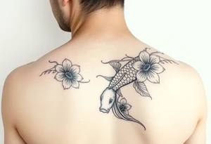 2004 in bold with small koi fish and Japanese blossoms tattoo idea