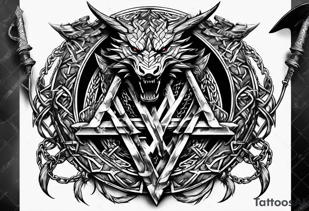 Valhalla sword shield dragon axe Valknut barbed wire chains tattoo idea