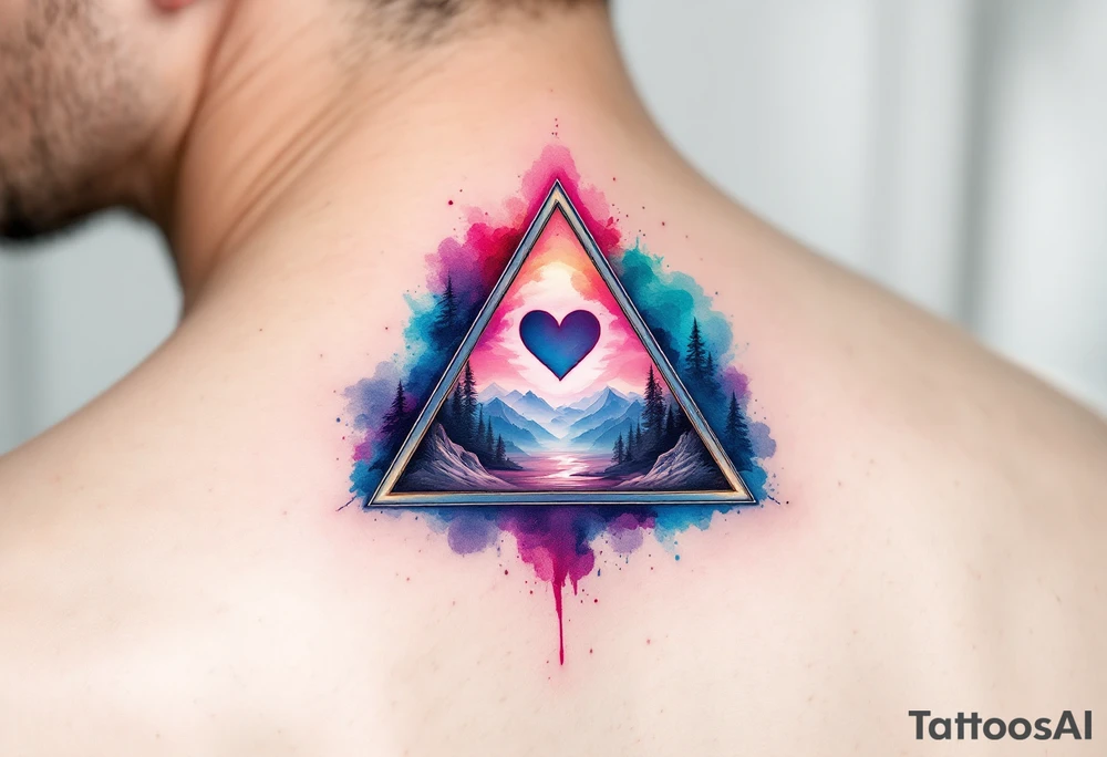 A triangle with a big heart in the cente with a mountain theme tattoo idea