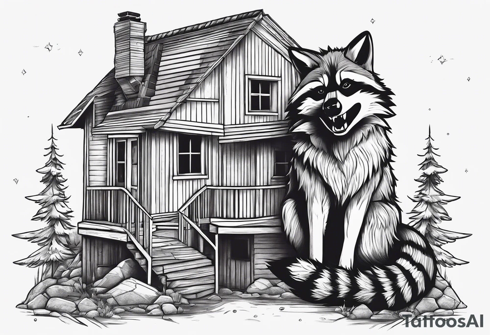 Raccoon and Wolf playing in Front of their New house tattoo idea