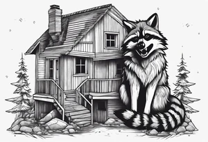 Raccoon and Wolf playing in Front of their New house tattoo idea