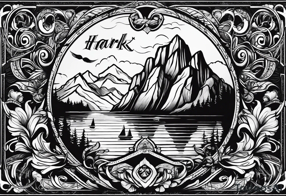 A tattoo with the word "HARK" include images related to rock climbing, traveling, and lakes tattoo idea