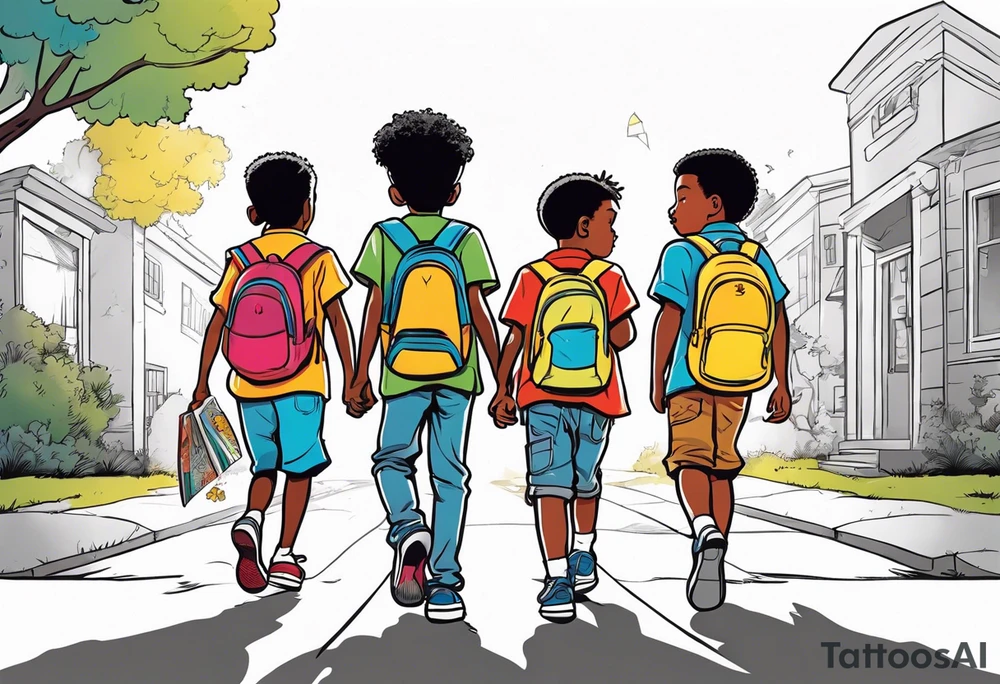 full bodies of 3 black school age boys walking away together and one is looking to the side at the one in the middle tattoo idea