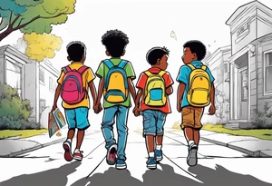 full bodies of 3 black school age boys walking away together and one is looking to the side at the one in the middle tattoo idea