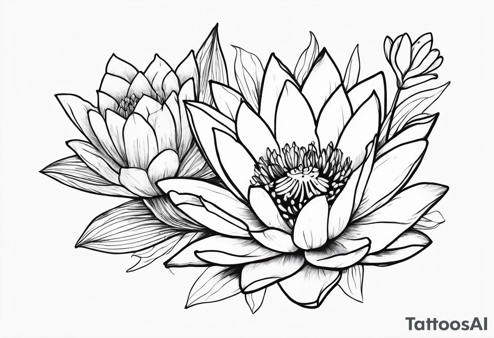 Larkspur and water lily bouquet tattoo idea